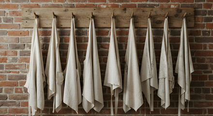 Rustic Linen Aprons Hanging on Wooden Peg Rail Against Brick Wall