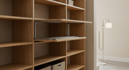 Modern Closet Interior With Retractable Clothing Rack And Shelving Unit