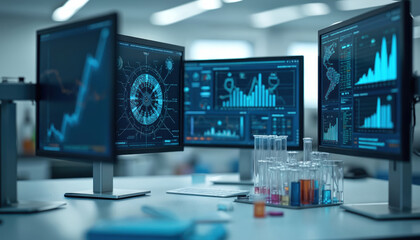 High-tech lab with multiple monitors displaying data, charts. Scientists analyze data, develop strategies, conduct research using advanced tech, AI, robotic systems. Modern innovation, scientific