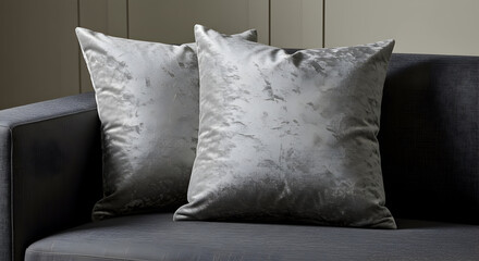 Elegant Silver Velvet Throw Pillows On A Charcoal Gray Modern Sofa