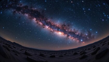 Fototapeta premium Vast starry nightscape: Milky Way arc over dark, textured terrain.