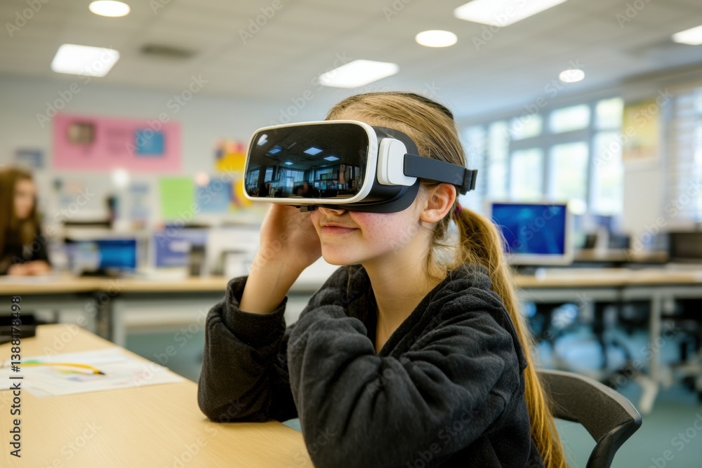 Poster student engages in immersive learning using virtual reality technology in a modern classroom setting