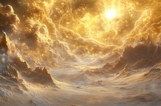 An ethereal landscape features vibrant gold clouds and distant mountains