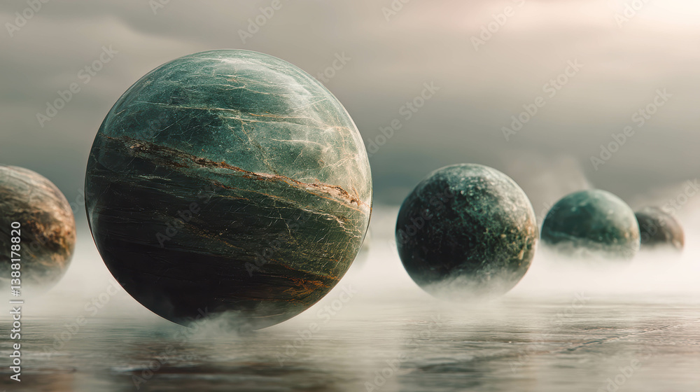 Poster floating jade spheres create surreal elegance in soft green fog over a tranquil landscape