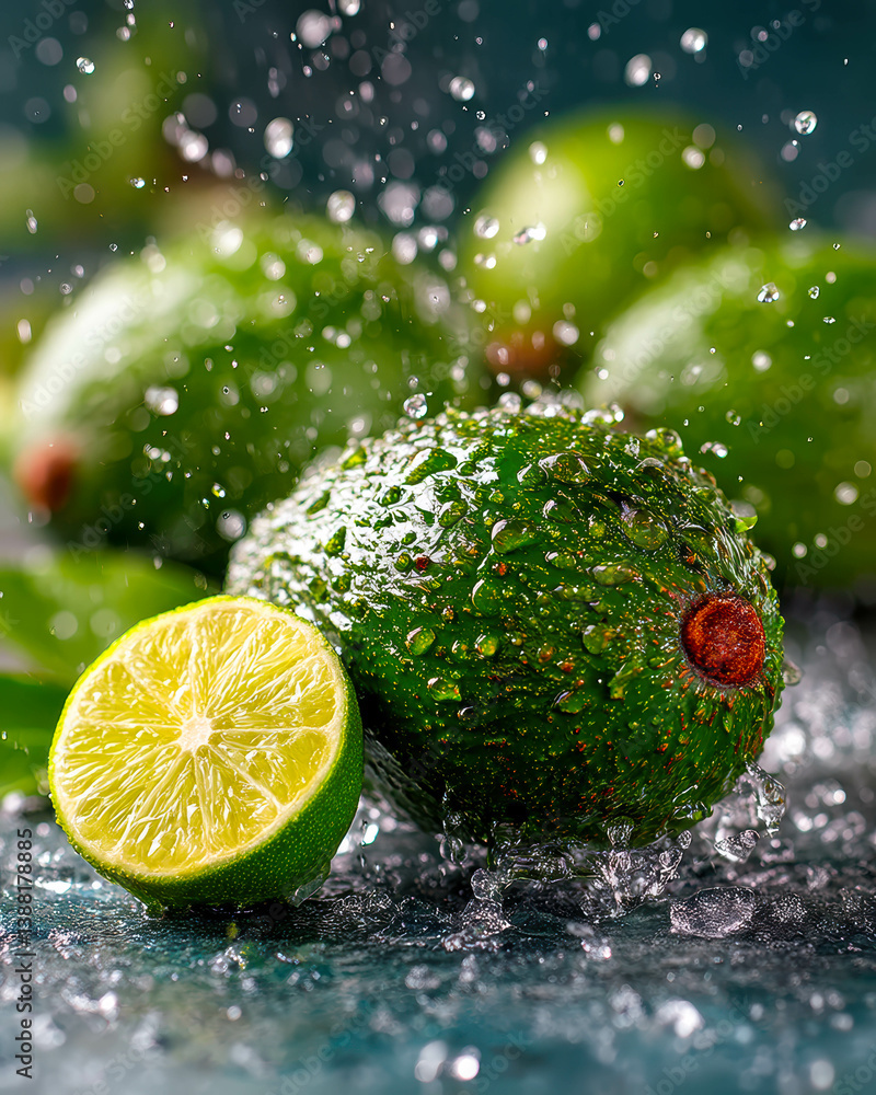 Aufkleber Refreshing splashes of avocado and lime create a vibrant green burst on a solid backdrop