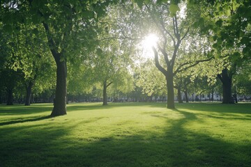 A lush green park filled with trees and bright sunlight shining
