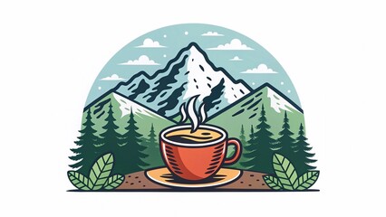 coffee logo design with mountains and trees
