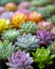 Fototapeta premium Caring for vibrant succulents in a colorful garden setting during sunny spring days