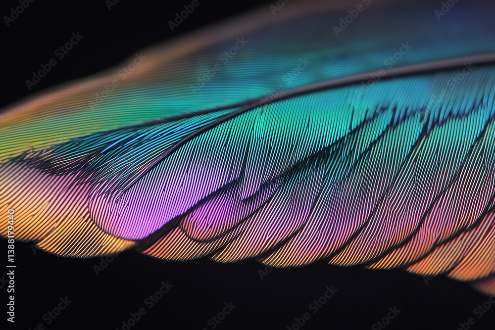 Poster prismatic feather's hues: a macro shot of a vibrant feather showcases a spectrum of mesmerizing colo
