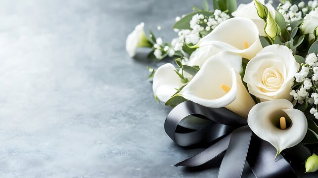 White funeral flowers with grey background.