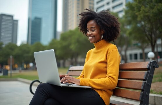 Smiling young African American woman works laptop outdoors. Businesswoman enjoys technology in sunny urban park setting. Modern pro uses computer, city skyscraper background, diverse community,