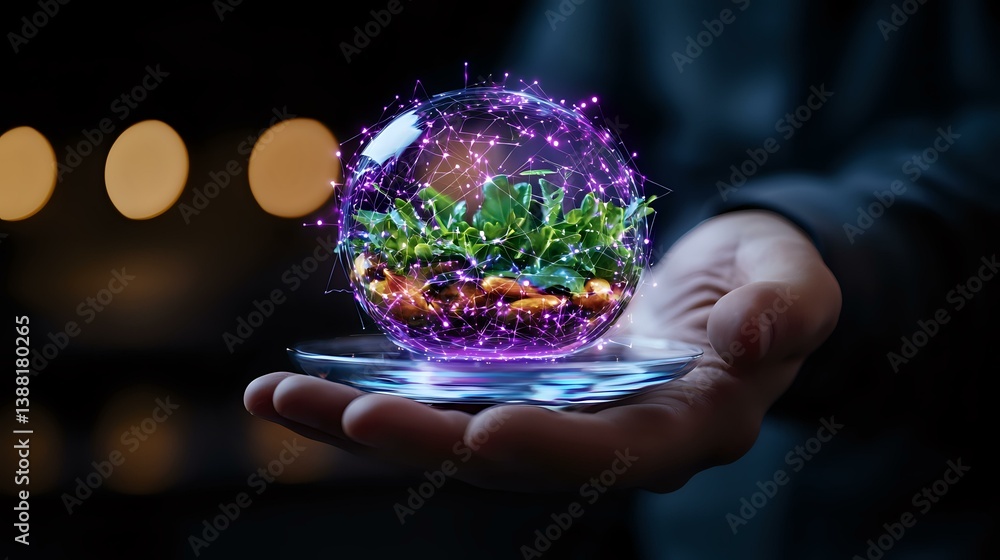 Aufkleber glowing magical sphere with colorful energy waves and green plant floating above open palm against d