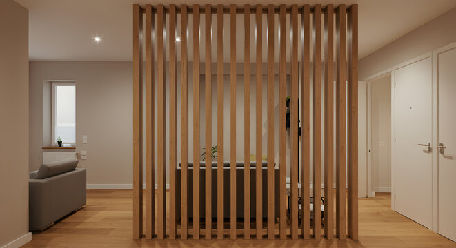 Contemporary Slatted Wood Room Divider Partition in Modern Interior Setting