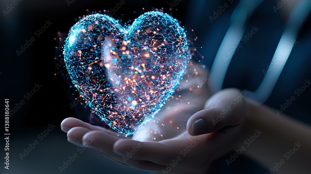 Poster glowing blue heart shape with sparkles floating above open palm against dark background, magical lig