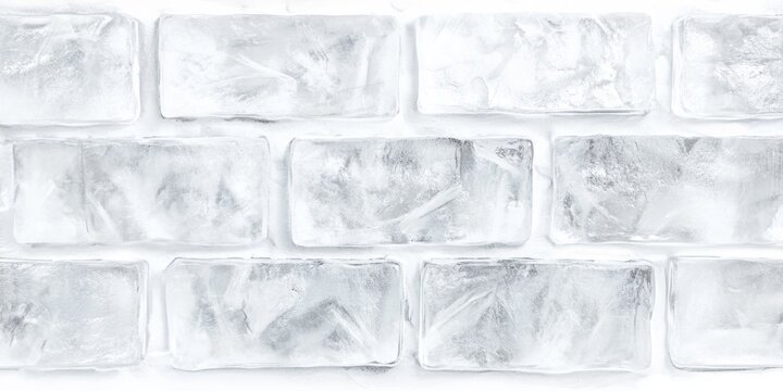 Close-up of a wall made from rectangular ice bricks with frosty textures and a bright white background. Ideal for cold-themed visuals, frozen concepts, or winter-inspired design elements.