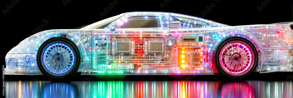 Poster futuristic transparent car design showcasing advanced technology in an artistic display
