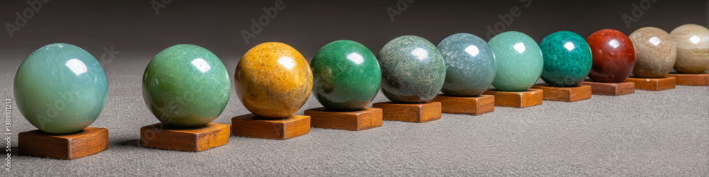 Poster Exploring the colors and textures of nephrite and jadeite spheres displayed in a serene arrangement