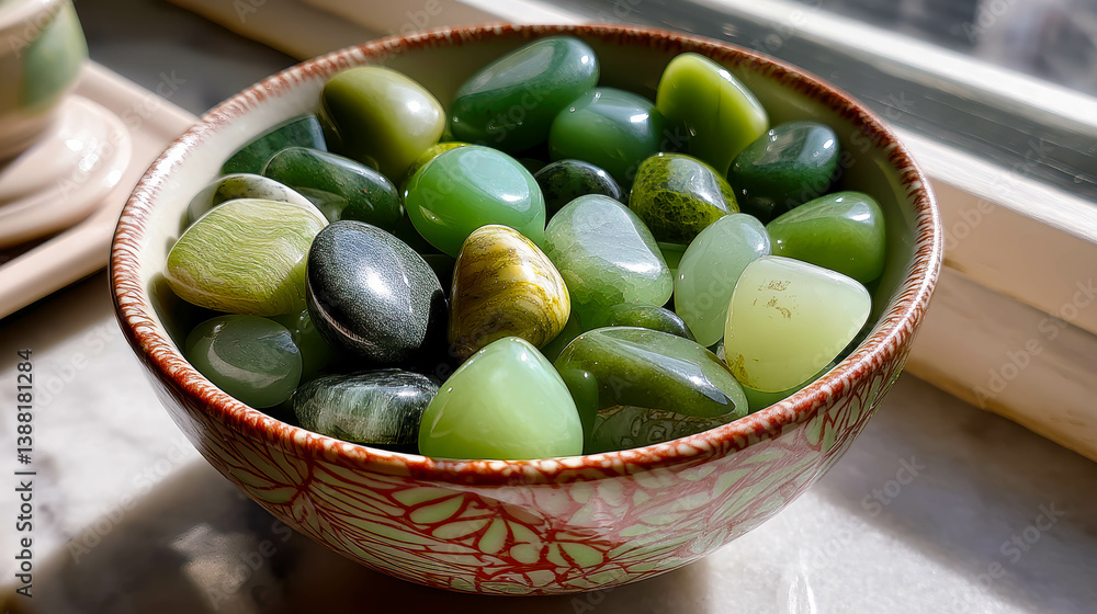 Aufkleber natural nephrite and jadeite stones displayed in a decorative bowl during sunlight hours