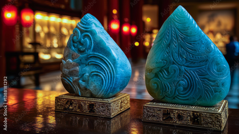 Poster Masterpieces of nephrite and jadeite on display in a serene gallery setting