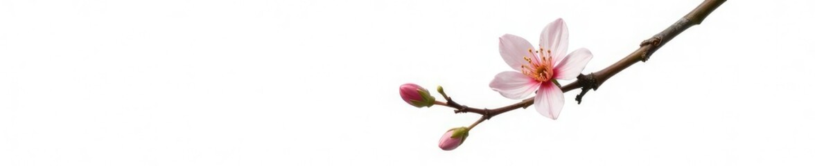 Fototapeta premium Single isolated branch with a delicate flower at the tip on white background, nature photography, tree branch