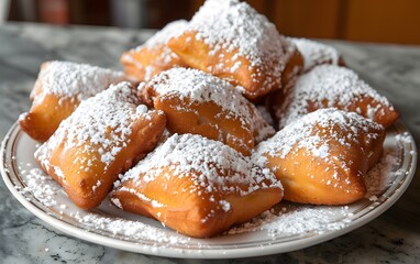 Fluffy beignets piled on a white plate, generously dusted with powdered sugar. Sweet, warm, and delicious!