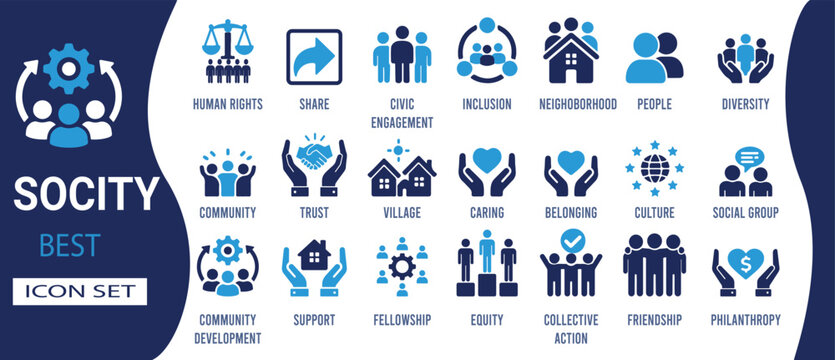 A top-tier collection of solid icons representing community values such as civic engagement, trust, neighborhood, belonging, collective action, diversity, people, friendship, inclusion, and culture, a