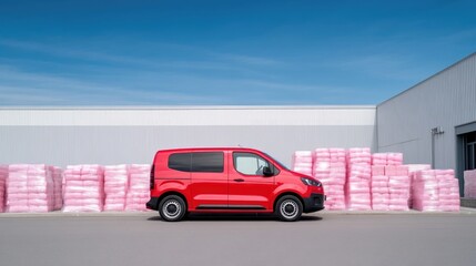 Red van parked beside stacks of pink blocks