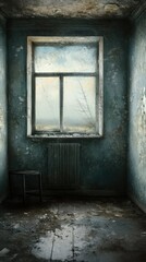 Abandoned room with weathered window, highlighting decay and emptiness