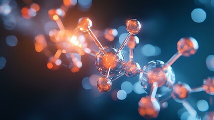 Glowing molecular structure with orange and blue bokeh background, scientific concept showing atoms connected in crystal lattice formation. Abstract chemistry visualization.