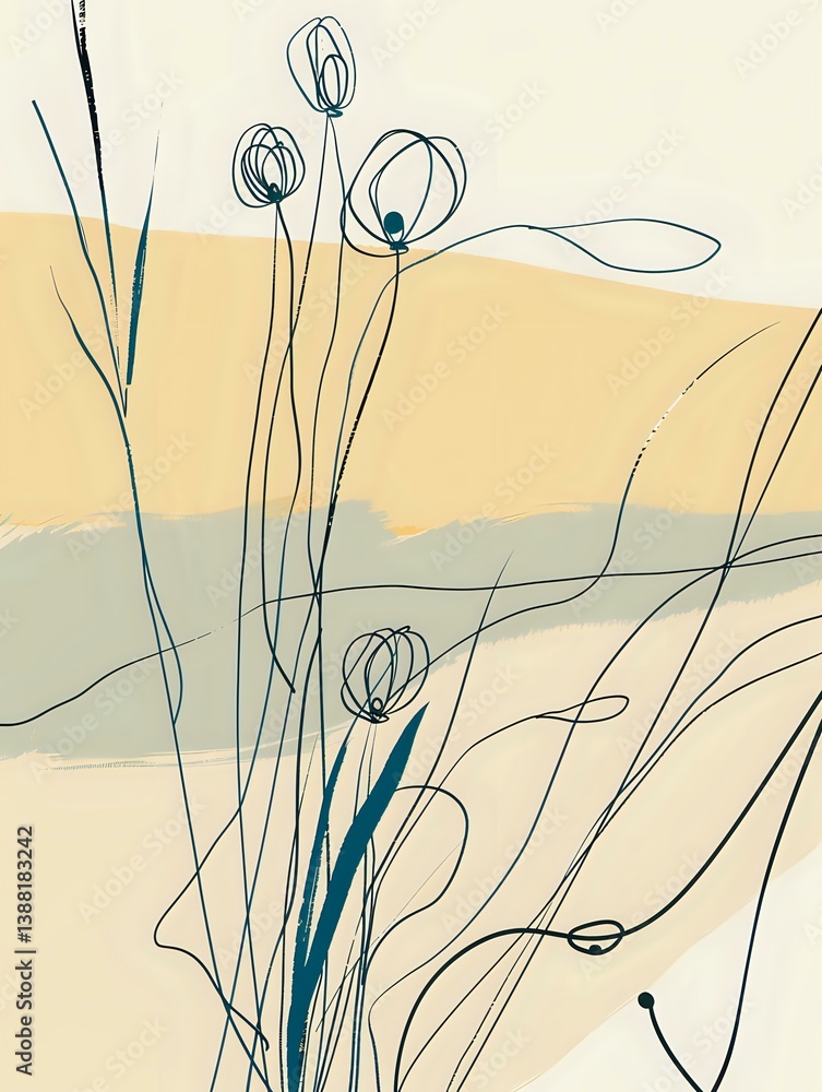 Poster minimalist line drawing of wildflowers against abstract color blocks in muted yellow and sage green.