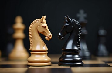 Two chess knights face each other in intense standoff on chessboard. White and black chess pieces in dramatic face-off. Strategy competition rivalry anticipation concept.
