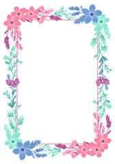 Fototapeta premium Colorful botanical frame with spring flowers and leaves in pastel tones