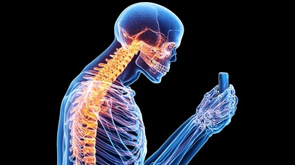 X ray skeleton holding a mobile phone with poor posture