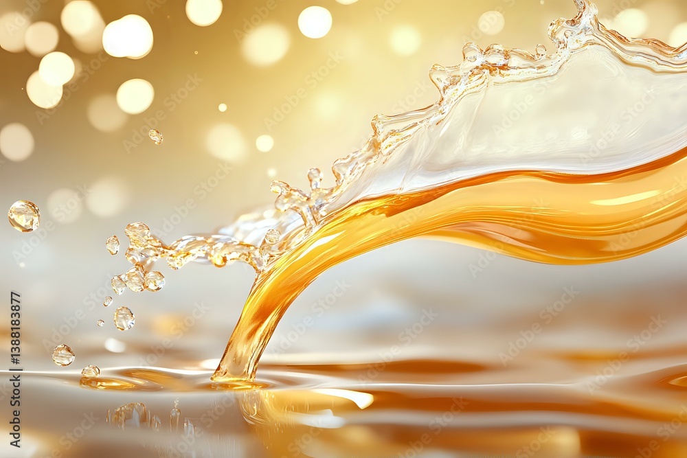 Poster dynamic liquid splash with golden amber fluid creating elegant wave motion against soft bokeh backgr