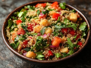 Vibrant Quinoa Salad With Fresh Vegetables And Herbs In A Rustic Bowl On A Wooden Table Top, Perfect For A Healthy Mediterranean Diet Option