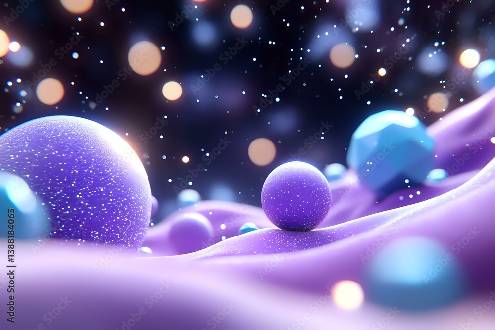 Poster abstract cosmic landscape with glowing spheres floating over purple waves, featuring soft bokeh ligh