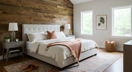 Modern Farmhouse Master Bedroom With Reclaimed Wood Accent Wall Interior Design