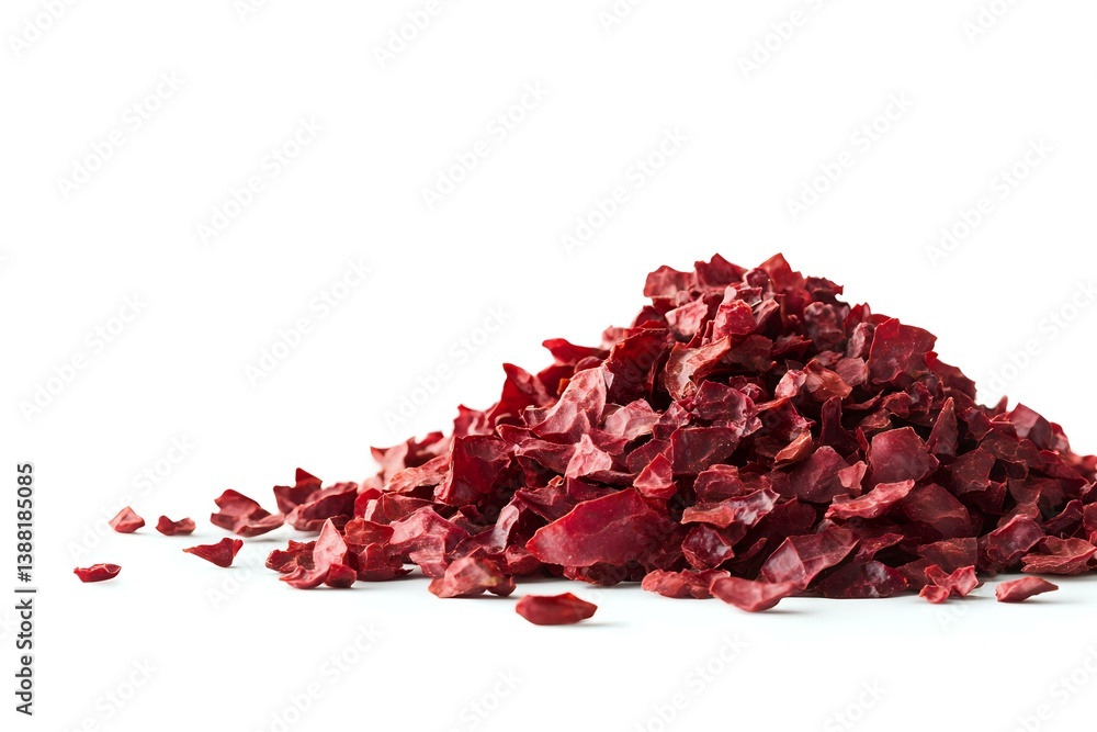 Poster pile of crushed red metallic fragments scattered on white surface, shimmering with reflective surfac