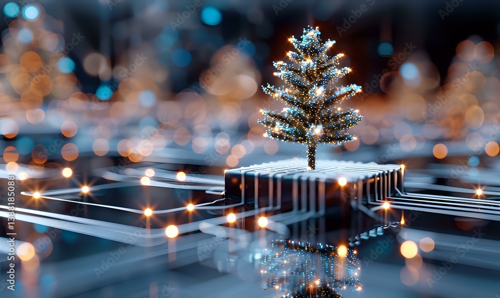 Poster futuristic miniature christmas tree on computer circuit board with glowing lights and bokeh effects 