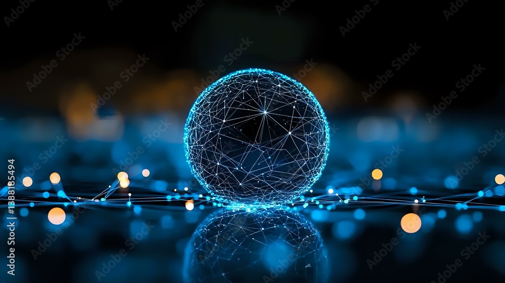 Aufkleber glowing blue digital sphere with network connections floating above reflective surface against dark 