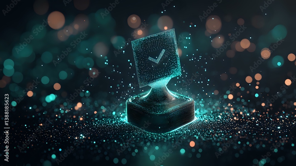 Poster glowing checkmark symbol floating above platform with magical turquoise particles and bokeh lights o
