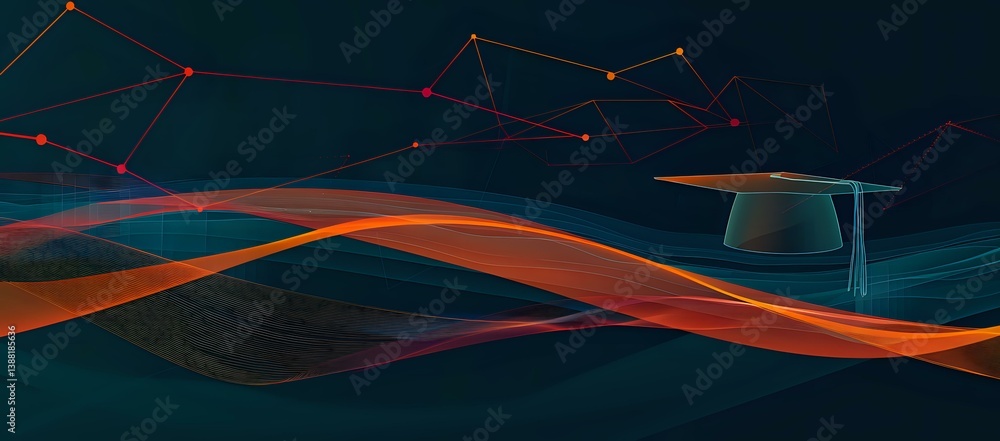 Poster graduation cap floating over dynamic waves of orange and blue light with connected dots forming cons