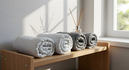 Scandinavian Bathroom Shelf Holding Rolled Towels and Reed Diffuser Still Life