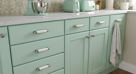 Mint Green Retro Kitchen Design With Vintage Appliances And Porcelain Handles