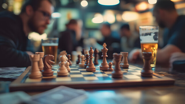 Chess game in progress at a pub, with drinks and blurred figures creating a relaxed, social atmosphere, perfect for a leisurely evening of strategic thinking.