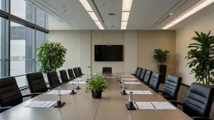 Modern conference room with large table, comfortable seating, and greenery in an office setting during daylight hours