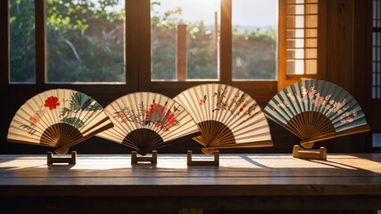 Japanese decorative fans arranged on a wooden table with sunlight streaming through a window in a serene setting