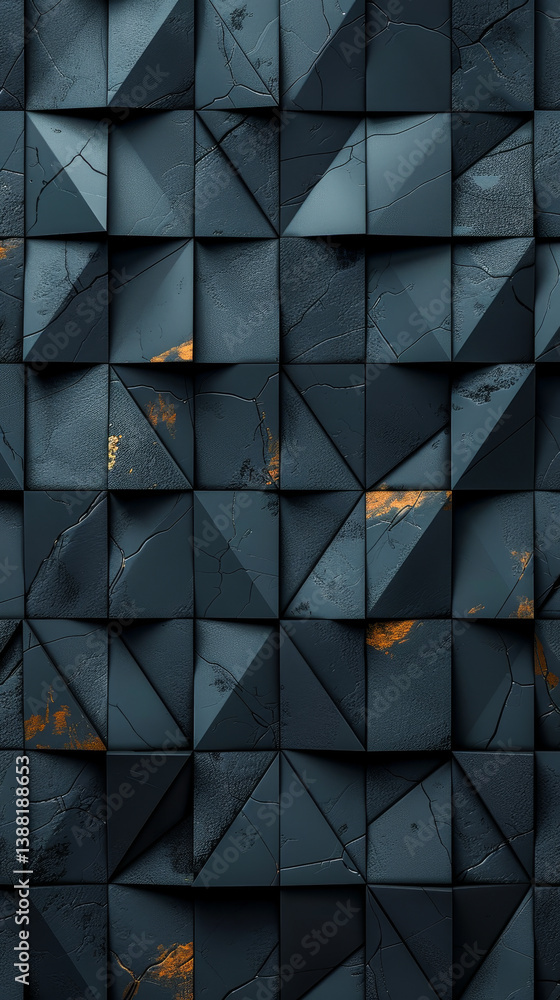 Poster futuristic high tech 3d triangular tile wall pattern with dark background and metallic texture vibra