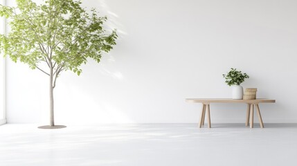 Obraz premium A potted tree standing in a minimalist white room with a wooden bench and plant, natural light streaming in, and serene and modern interior design concept.