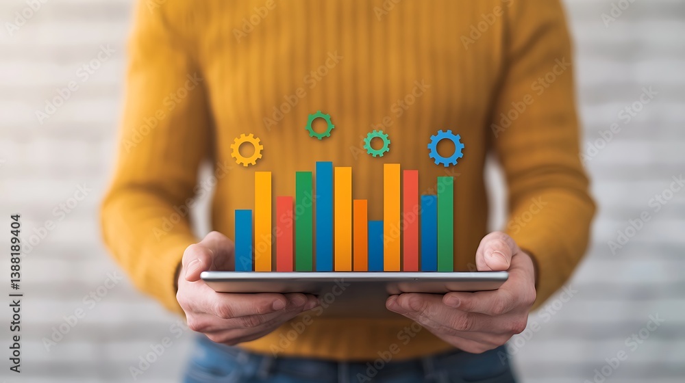 Poster analyzing data: person holds tablet displaying colorful chart and gears for business growth, strateg